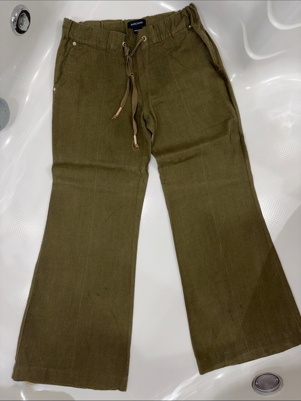 Marciano Olive Green Linen Drawstring Casual Pants for Women